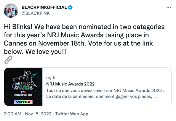 อย่าลืมโหวตให้หนู!! 'ลิซ่า' และ BLACKPINK ลุ้นรางวัล AMAs & NRJ Music Awards
