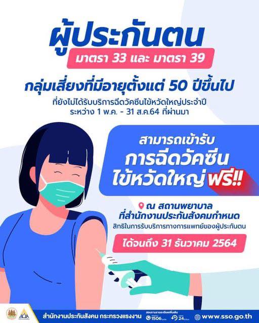 เช็กสิทธิประกันสังคม ผู้ประกันตนอายุ 50 ปีขึ้นไป รับฟรีวัคซีนไข้หวัดใหญ่