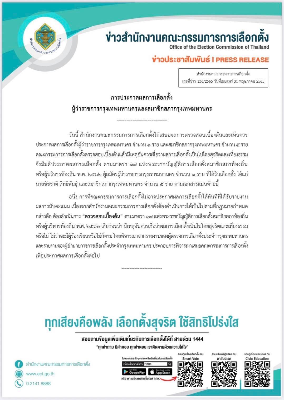 กกต.ประกาศรับรอง ชัชชาติ สิทธิพันธุ์ เป็นผู้ว่าฯกทม.แล้ว กกต.ประกาศรับรอง ชัชชาติ สิทธิพันธุ์ เป็นผู้ว่าฯกทม.แล้ว