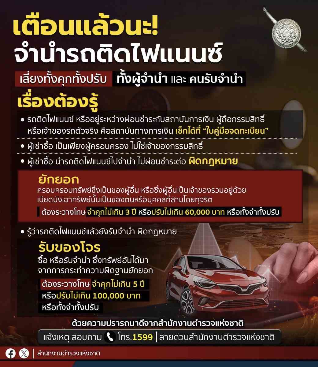 จำนำรถติดไฟแนนซ์ ผิดกฎหมาย! ตำรวจเตือนเจอจำและปรับ