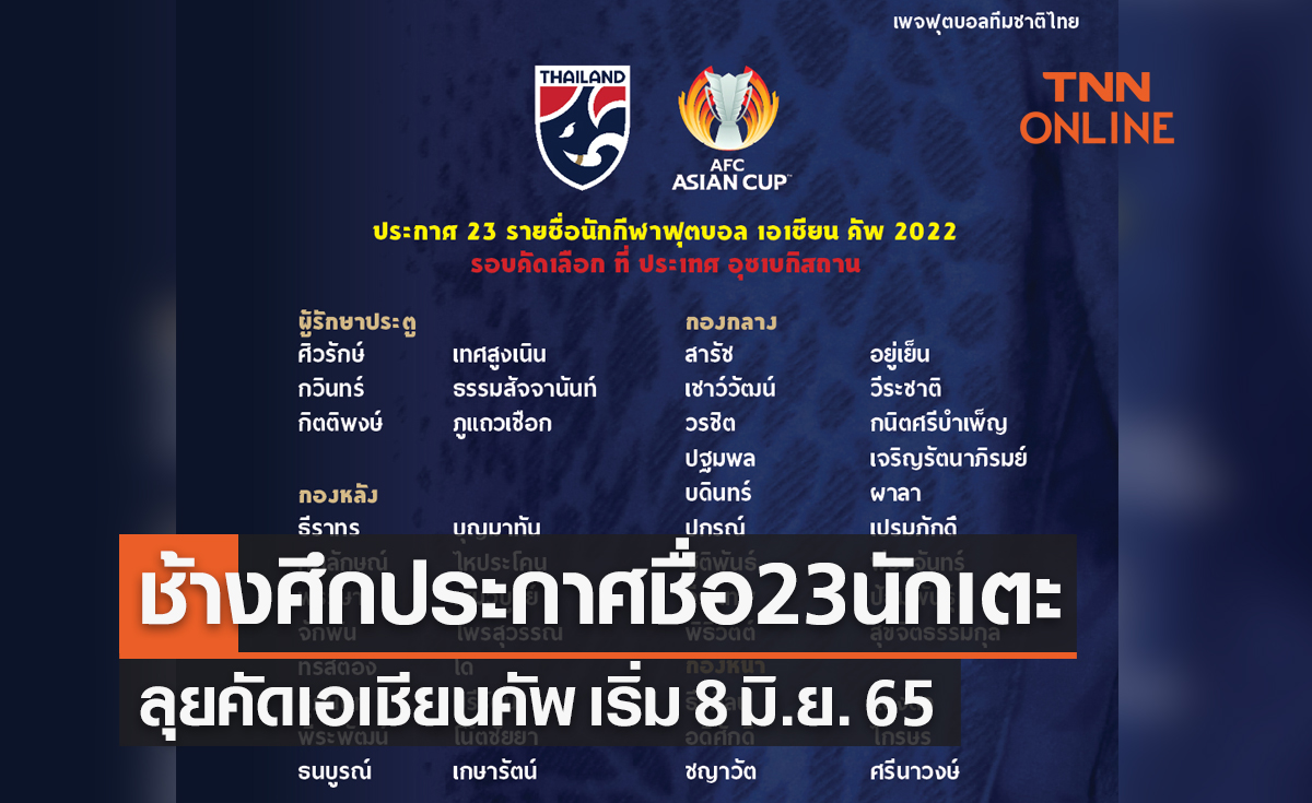 'ทีมชาติไทย' ประกาศ23รายชื่อ ลุย 'เอเชียนคัพ2022' รอบคัดเลือก