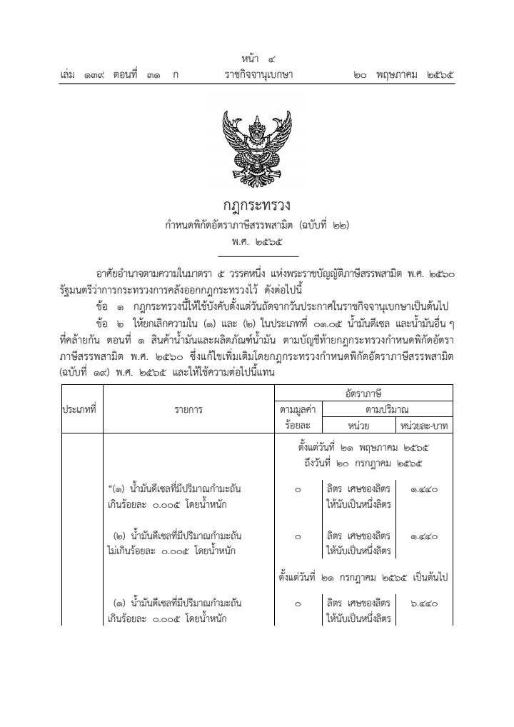 ราชกิจจาฯ ประกาศลดภาษีน้ำมันดีเซลลงลิตรละ 5 บาท เป็นเวลา 2 เดือน 