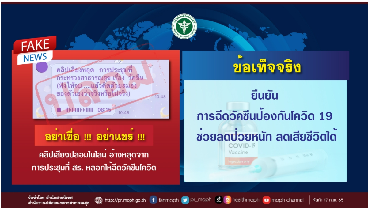 เตือนอย่าเชื่อ คลิปเสียงปลอม อ้างหลุดจากการประชุม สธ. หลอกให้ฉีดวัคซีนโควิด เตือนอย่าเชื่อ คลิปเสียงปลอม อ้างหลุดจากการประชุม สธ. หลอกให้ฉีดวัคซีนโควิด