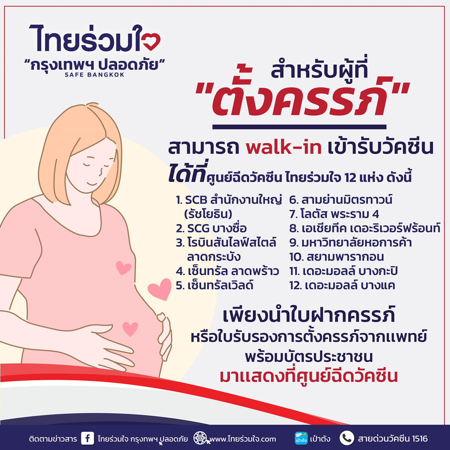 ไทยร่วมใจ ให้ผู้ตั้งครรภ์ Walk-in ฉีดวัคซีนได้ที่ศูนย์ฉีดวัคซีน 12 แห่ง