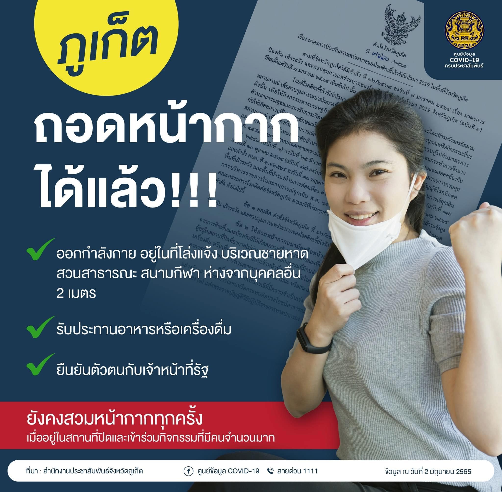 ผู้ว่าฯภูเก็ต ออกคำสั่ง ไม่ต้องสวมแมสก์ ภายใต้เงื่อนไข