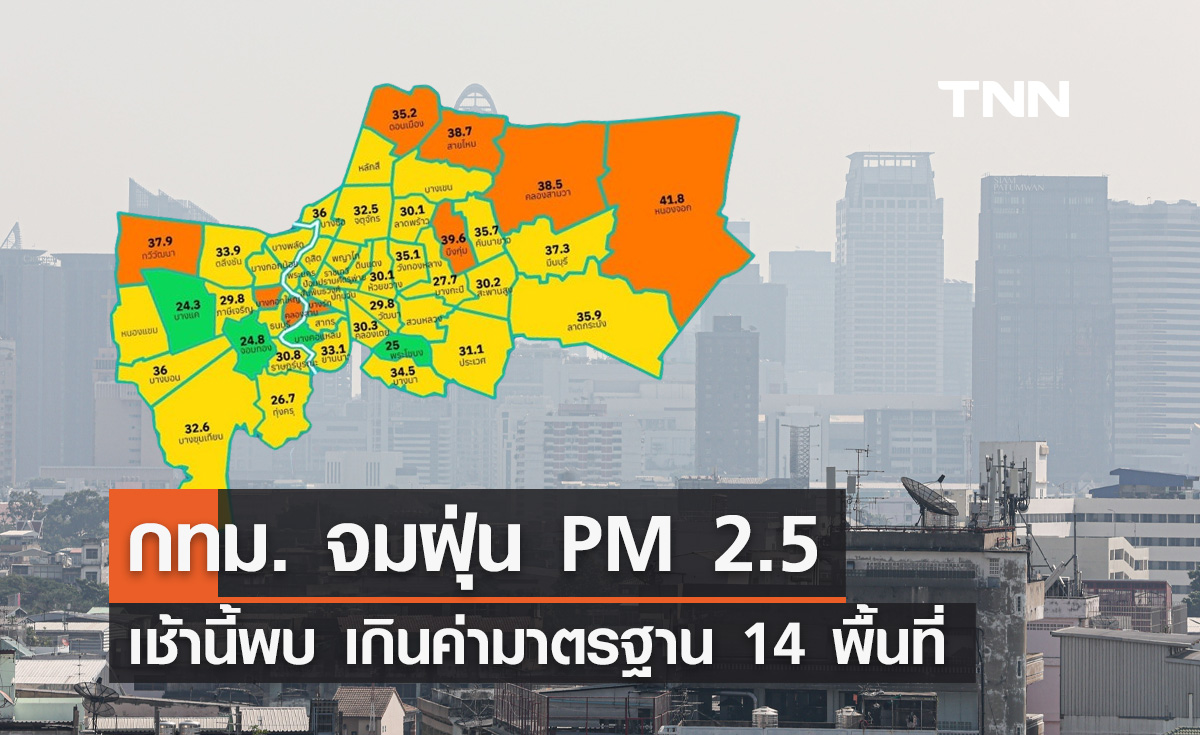 ค่าฝุ่นวันนี้ (17 กุมภาพันธ์) กทม. พบ PM 2.5 เกินค่ามาตรฐาน 14 พื้นที่