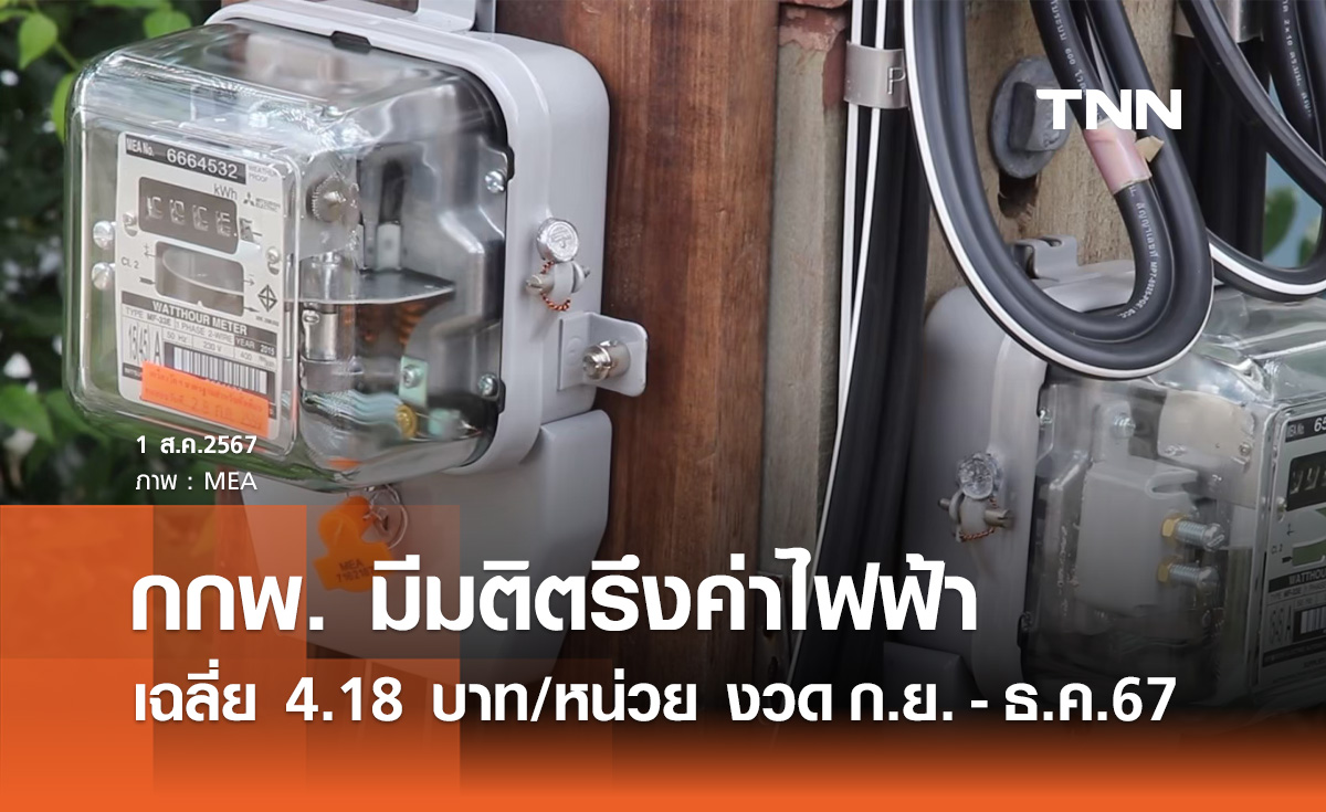 กกพ. ตรึง "ค่าไฟฟ้า" เฉลี่ย 4.18 บาท/หน่วย งวดกันยายน-ธันวาคม 2567 