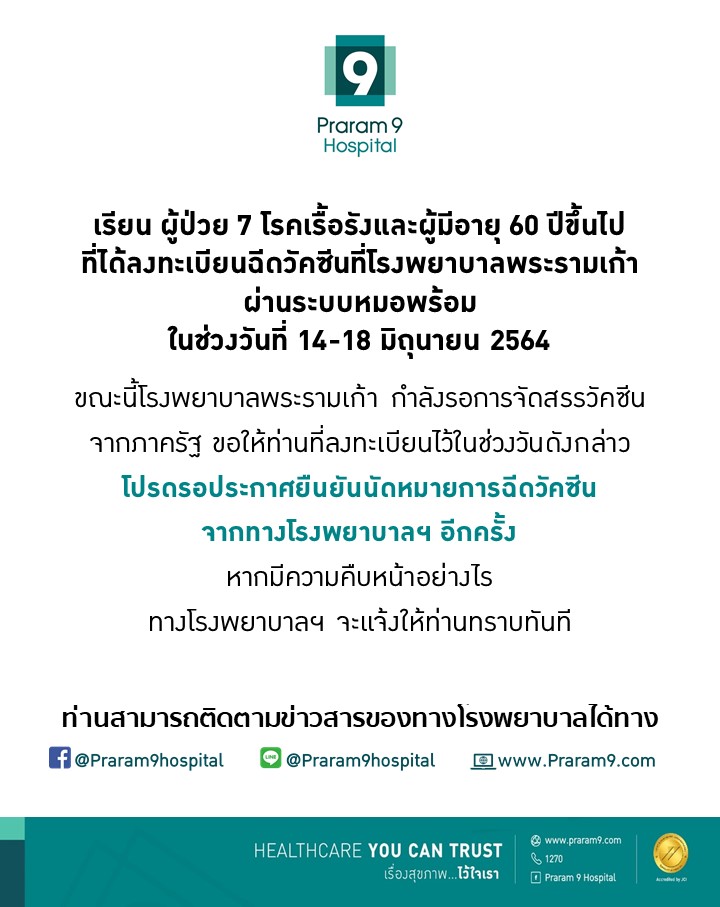 เช็กด่วน! รพ.รัฐ-เอกชน ประกาศเลื่อนฉีดวัคซีนกลุ่ม หมอพร้อม ตั้งแต่ 14 มิ.ย.เป็นต้นไป เช็กด่วน! รพ.รัฐ-เอกชน ประกาศเลื่อนฉีดวัคซีนกลุ่ม หมอพร้อม ตั้งแต่ 14 มิ.ย.เป็นต้นไป