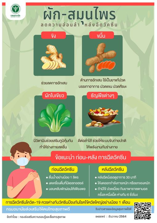 สธ.แนะ ขมิ้น ขิง ผักใบเขียว ธัญพืช ช่วยลดอาการข้างเคียงจากวัคซีนโควิด