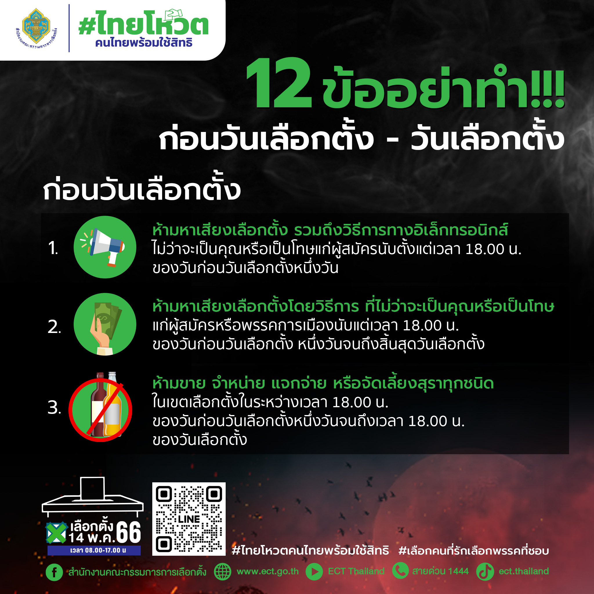 เลือกตั้ง 2566 กกต.เปิด 12 ข้อ อย่าทำก่อนวันเลือกตั้ง - วันเลือกตั้ง 