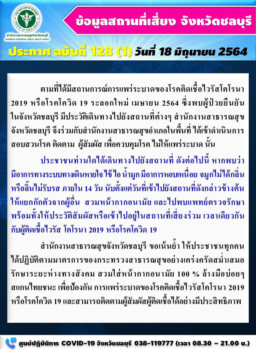 ชลบุรี ติดเชื้ออีก 145 ราย แจ้งสถานที่เสี่ยงเพิ่มใครไปเช็กด่วน! ชลบุรี ติดเชื้ออีก 145 ราย แจ้งสถานที่เสี่ยงเพิ่มใครไปเช็กด่วน!