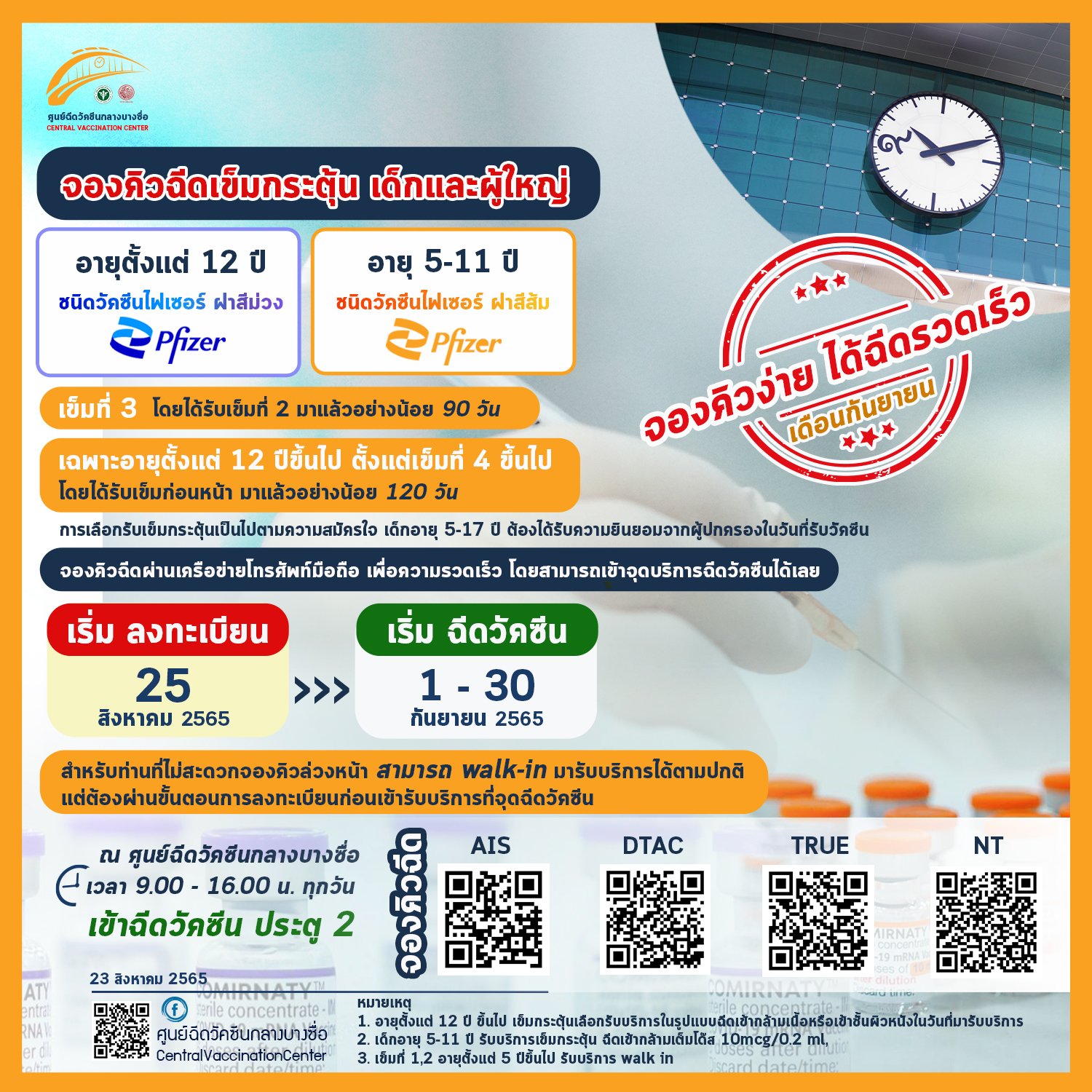 ศูนย์ฉีดวัคซีนกลางบางซื่อ เปิดจองคิวฉีดวัคซีนโควิดเข็มกระตุ้น ไฟเซอร์