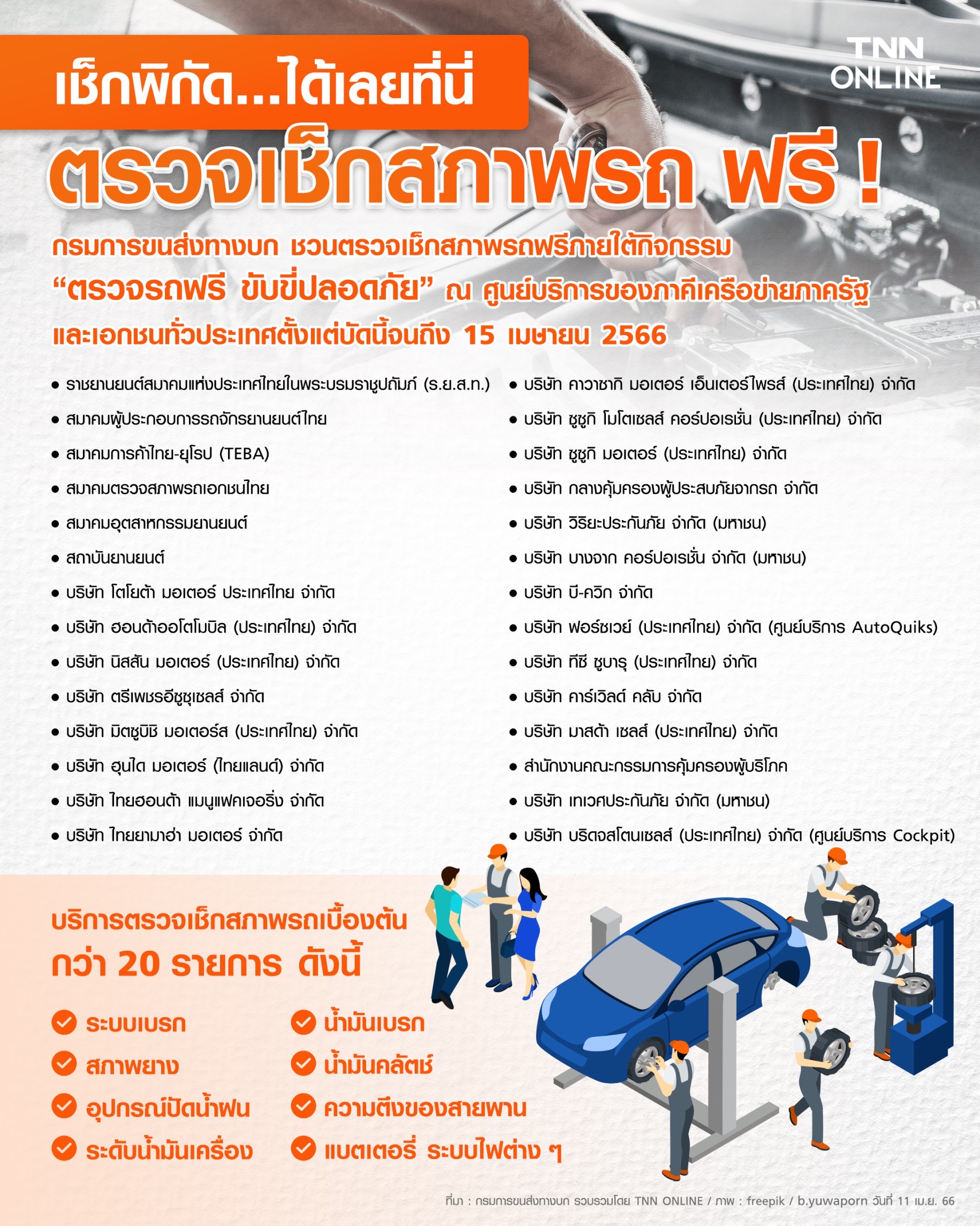 ตรวจเช็กรถฟรี 20 รายการ! รับ สงกรานต์ 2566 เช็กพิกัดเลยที่นี่