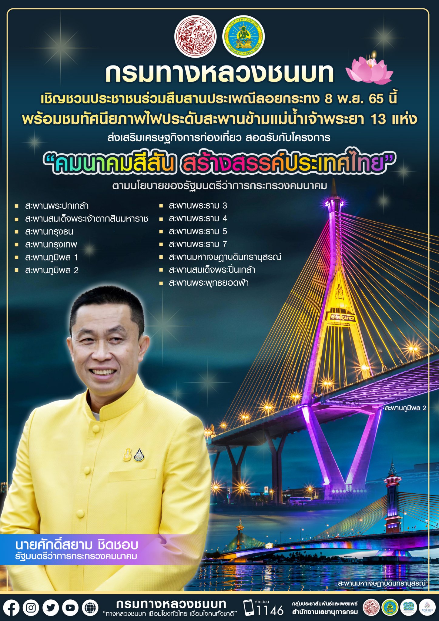 ลอยกระทง 2565 ชวนชมทัศนียภาพไฟประดับสะพานข้ามแม่น้ำเจ้าพระยา 13 แห่ง