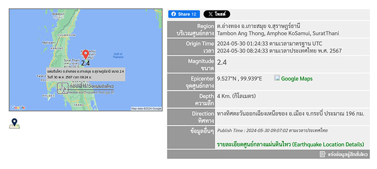 ระทึก! เกาะอ่างทองแผ่นดินไหวขนาด 2.4 แรงสะเทือนรับรู้ถึงสมุย ปชช.ตื่นทั้งเกาะ ระทึก! เกาะอ่างทองแผ่นดินไหวขนาด 2.4 แรงสะเทือนรับรู้ถึงสมุย ปชช.ตื่นทั้งเกาะ