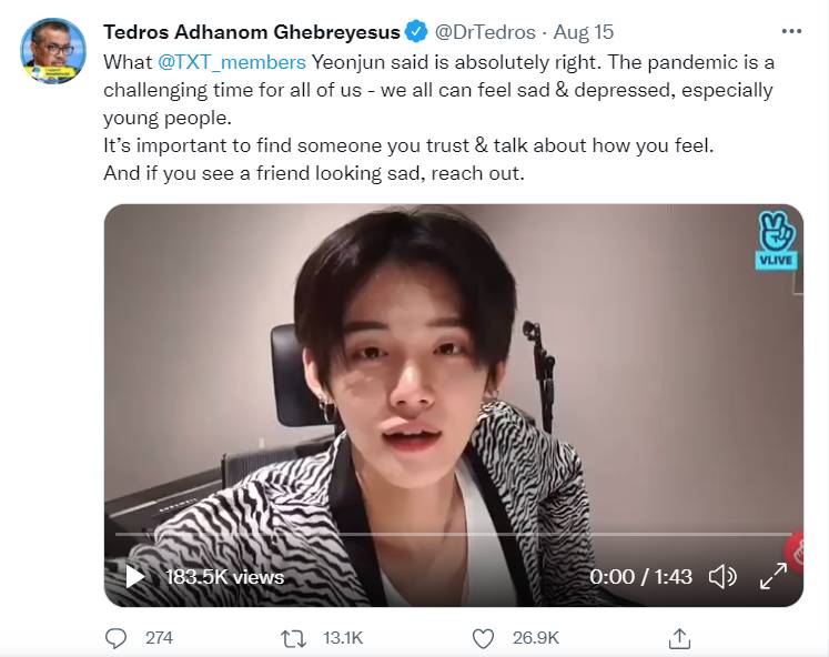 ผู้อำนวยการใหญ่ WHO ชื่นชม ยอนจุน TXT พูดให้กำลังใจแฟนคลับที่ซึมเศร้า