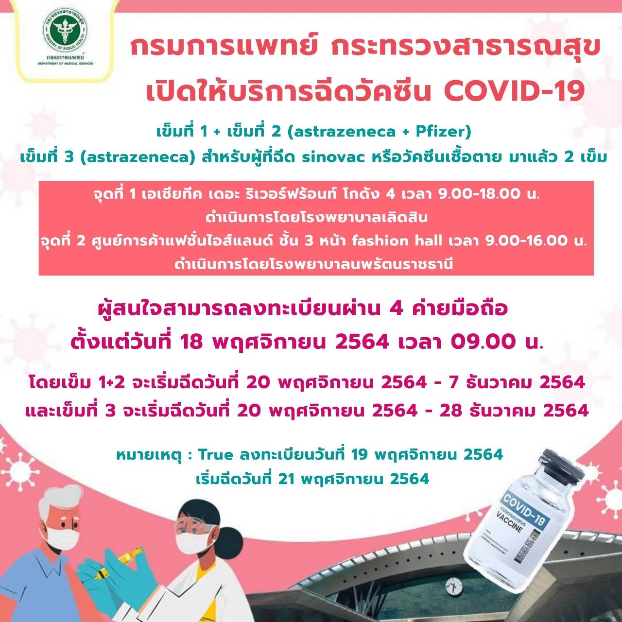 เปิดฉีดวัคซีนโควิดเข็ม 1-3 เอเชียทีค-แฟชั่นไอส์แลนด์ ลงทะเบียนผ่าน 4 ค่ายมือถือ เปิดฉีดวัคซีนโควิดเข็ม 1-3 เอเชียทีค-แฟชั่นไอส์แลนด์ ลงทะเบียนผ่าน 4 ค่ายมือถือ