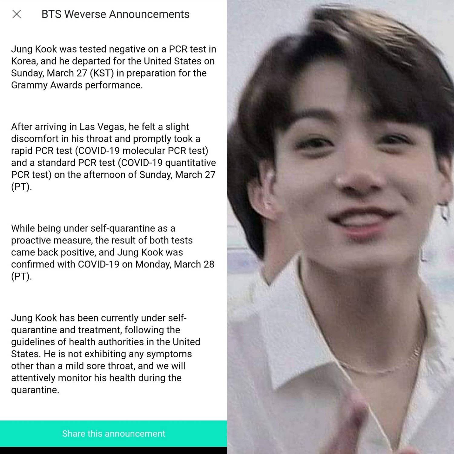 จองกุก BTS ติดโควิด-19 หลังจากที่เข้ารับการตรวจทันทีที่เดินทางถึงสหรัฐอเมริกา จองกุก BTS ติดโควิด-19 หลังจากที่เข้ารับการตรวจทันทีที่เดินทางถึงสหรัฐอเมริกา