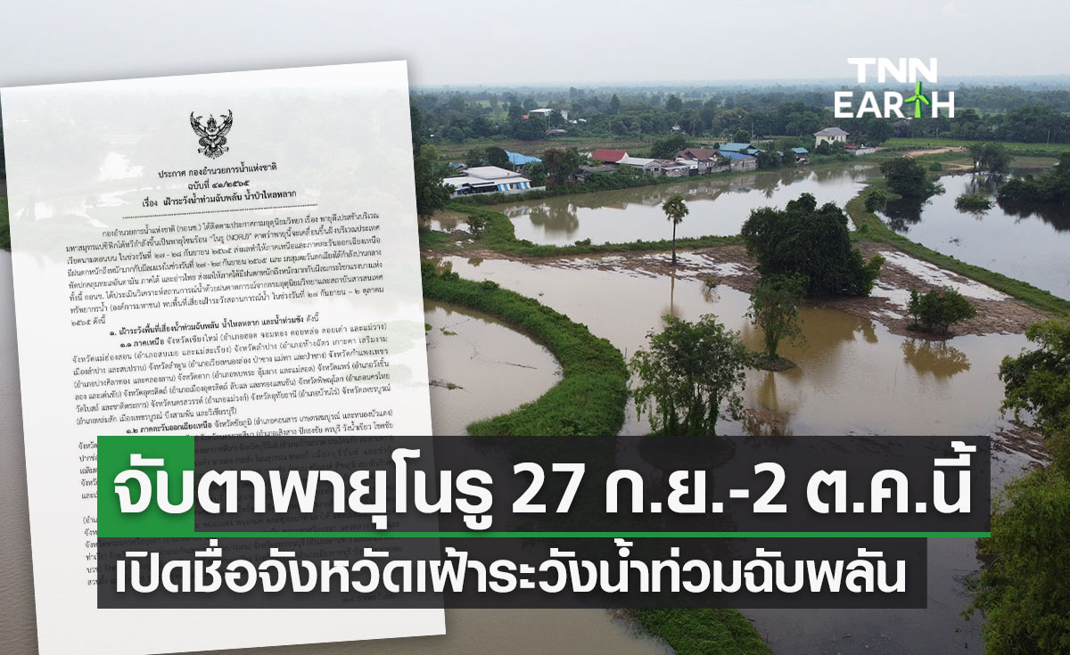 จับตาพายุ "โนรู" กอนช.เตือนหลายจังหวัดน้ำท่วมฉับพลัน น้ำป่าหลาก 27 ก.ย.-2 ต.ค.