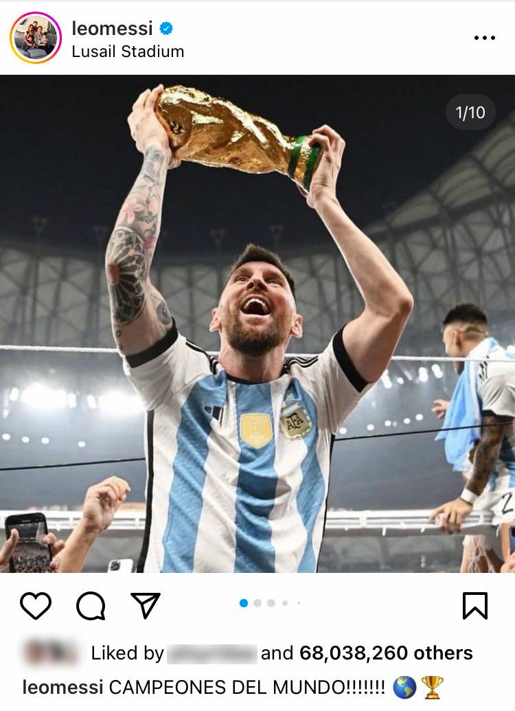 'เมสซี่' แชมป์โลกบนIG!! โพสต์ฉลองชัยฟุตบอลโลกทีมอาร์เจนฯ ยอดไลค์แซงภาพไข่ 'เมสซี่' แชมป์โลกบนIG!! โพสต์ฉลองชัยฟุตบอลโลกทีมอาร์เจนฯ ยอดไลค์แซงภาพไข่
