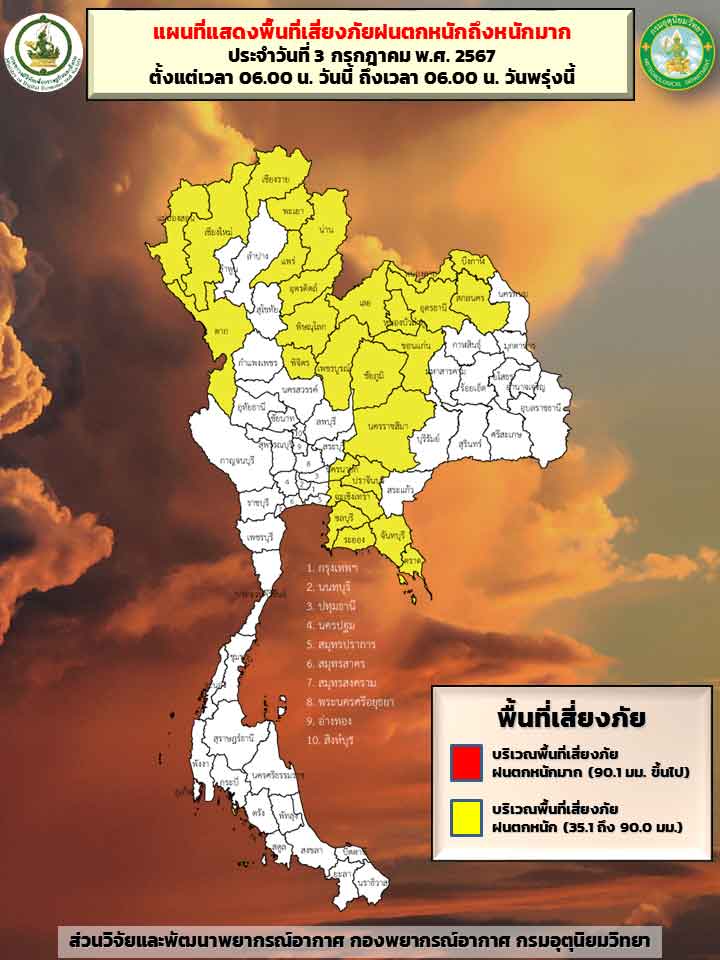 พยากรณ์อากาศ 3 กรกฎาคม เตือน 27 จังหวัดสีเหลืองเสี่ยงภัย ฝนตกหนัก พยากรณ์อากาศ 3 กรกฎาคม เตือน 27 จังหวัดสีเหลืองเสี่ยงภัย ฝนตกหนัก