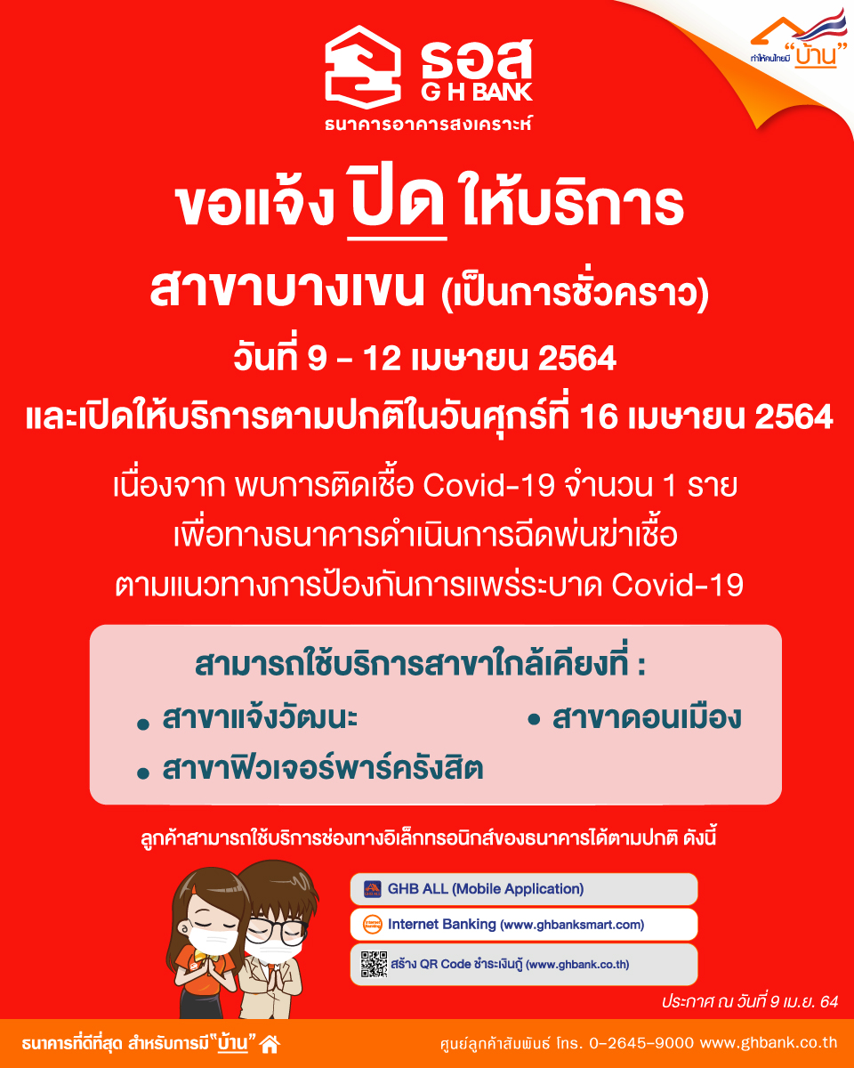 ธอส. ปิด “สาขาบางเขน” พนักงานติดโควิด ธอส. ปิด “สาขาบางเขน” พนักงานติดโควิด
