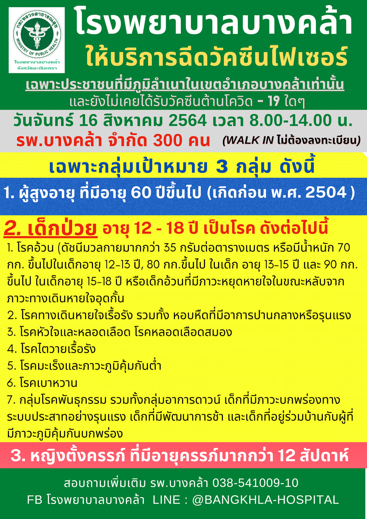 อัปเดตรายชื่อ รพ.ใน 3 จังหวัด เปิดให้กลุ่มเสี่ยงฉีดวัคซีนไฟเซอร์ 16-19 ส.ค.นี้