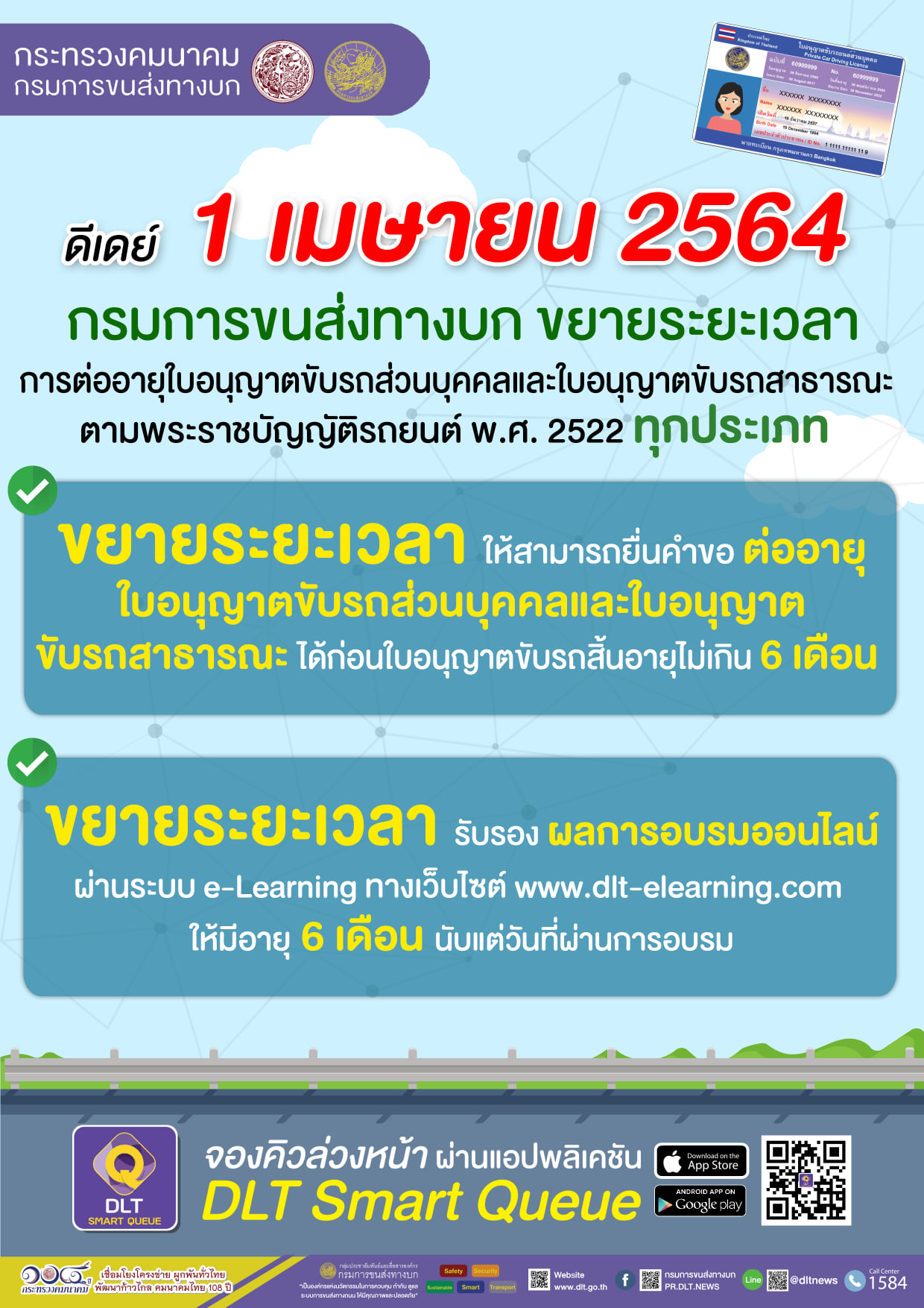 ขนส่งฯ เปิดต่อใบขับขี่ล่วงหน้า 6 เดือน ดีเดย์ 1 เม.ย.นี้