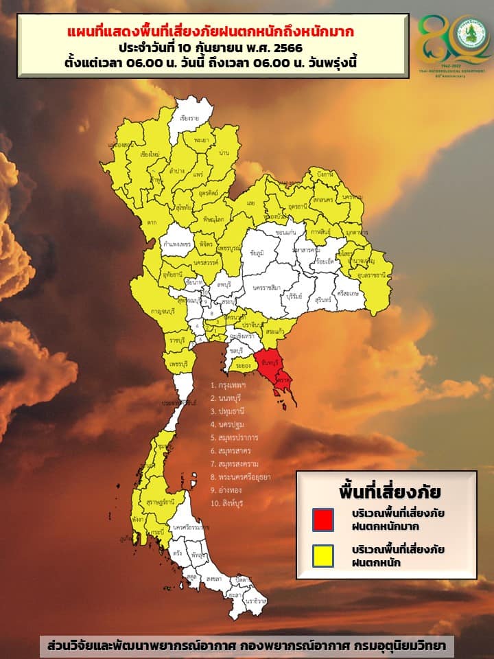 ฝนตกหนักถึงหนักมาก พยากรณ์อากาศ 10 กันยายน 2566 จังหวัดไหน? เสี่ยงภัยระดับสีแดง-สีเหลือง