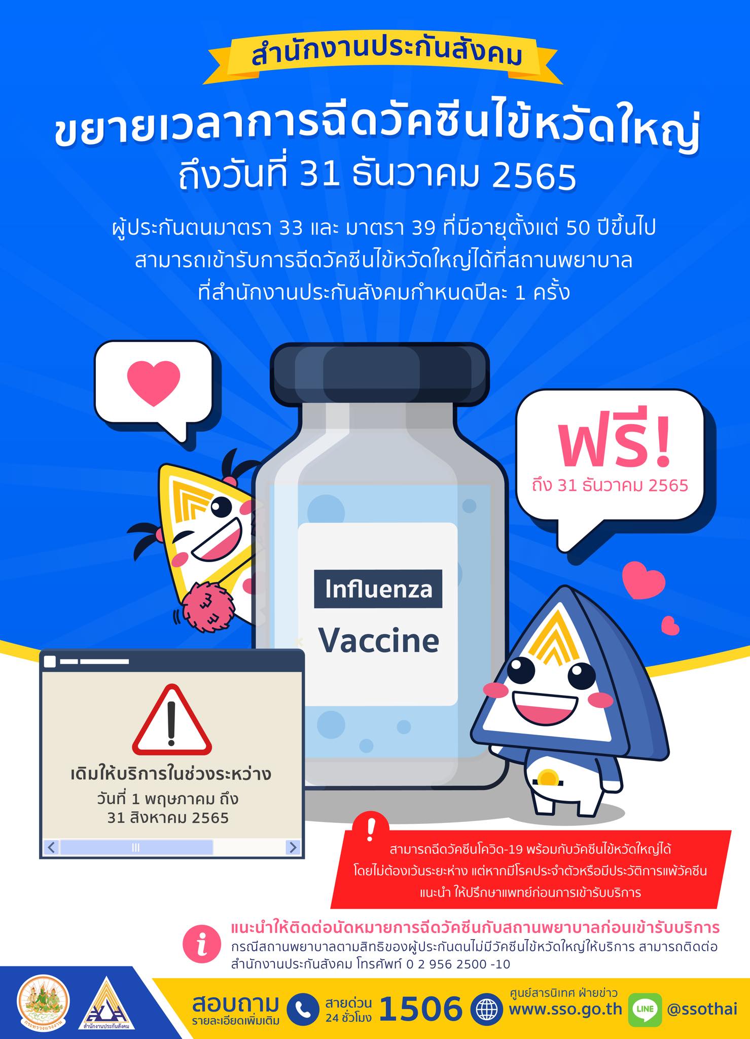 ฉีดฟรี! วัคซีนไข้หวัดใหญ่ ประกันสังคม ขยายระยะเวลาถึง 31 ธ.ค.นี้ ฉีดฟรี! วัคซีนไข้หวัดใหญ่ ประกันสังคม ขยายระยะเวลาถึง 31 ธ.ค.นี้