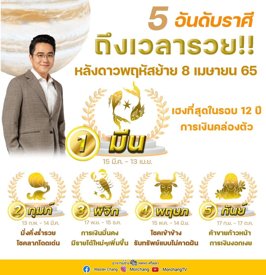 5 อันดับราศี ถึงเวลารวย!! หลังดาวพฤหัสย้าย เฮงที่สุดในรอบ 12 ปี 5 อันดับราศี ถึงเวลารวย!! หลังดาวพฤหัสย้าย เฮงที่สุดในรอบ 12 ปี