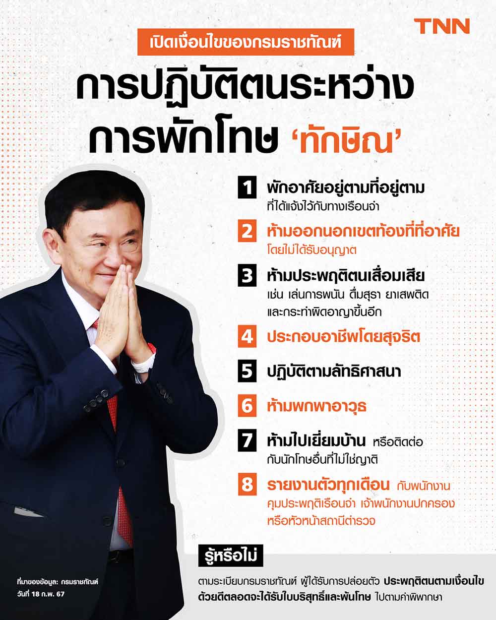 เปิดรายละเอียด 8 เงื่อนไข ‘ทักษิณ ชินวัตร’ ที่ต้องปฏิบัติ หลังได้รับการพักโทษ เปิดรายละเอียด 8 เงื่อนไข ‘ทักษิณ ชินวัตร’ ที่ต้องปฏิบัติ หลังได้รับการพักโทษ