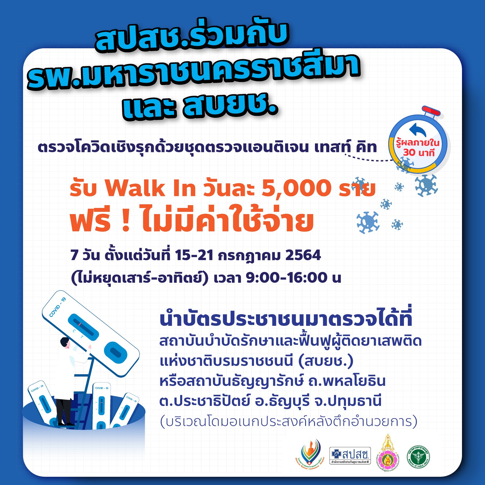 เช็กด่วน! ตรวจโควิดแบบ walk in ฟรีที่สถาบันธัญญารักษ์ 15-21 ก.ค. นี้ เช็กด่วน! ตรวจโควิดแบบ walk in ฟรีที่สถาบันธัญญารักษ์ 15-21 ก.ค. นี้