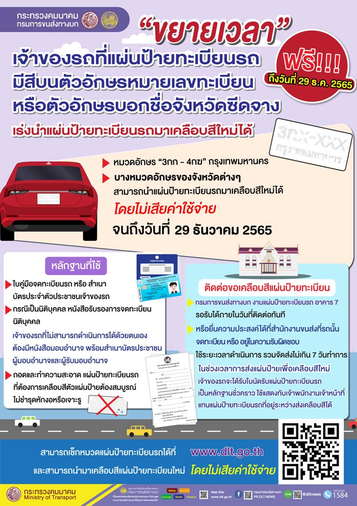 ข่าวดี! ขนส่งฯขยายเวลา เคลือบสีป้ายทะเบียนรถ ฟรี ถึง 29 ธ.ค.นี้