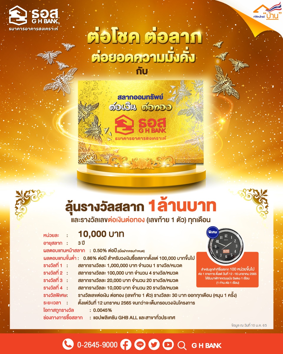 เปิดขายวันแรก! สลากต่อเงินต่อทอง ลุ้นรางวัลสูงสุด 1 ล้านบาท 36 งวด เช็กเงื่อนไขที่นี่ เปิดขายวันแรก! สลากต่อเงินต่อทอง ลุ้นรางวัลสูงสุด 1 ล้านบาท 36 งวด เช็กเงื่อนไขที่นี่