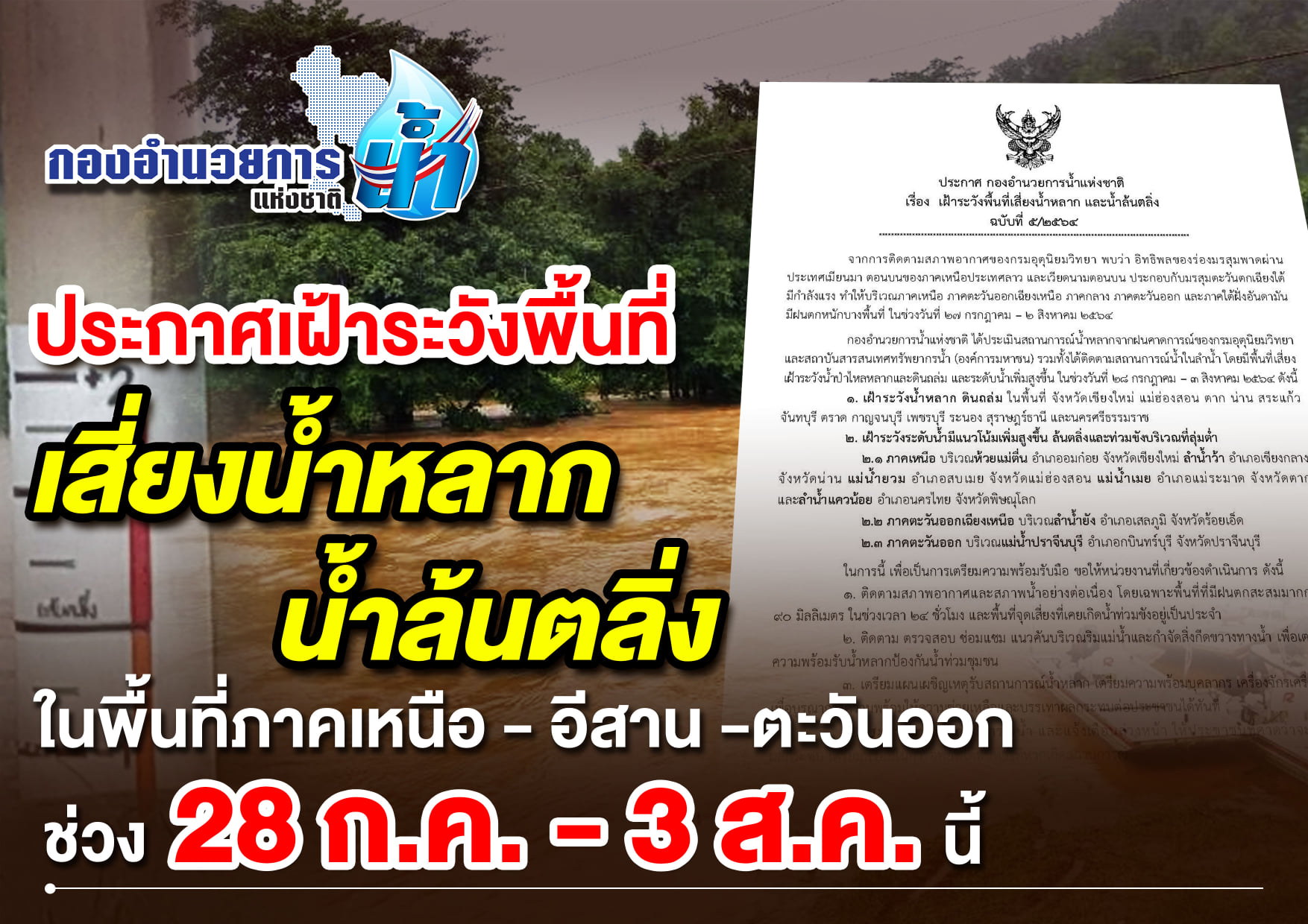ประกาศเตือน พื้นที่เสี่ยงใดบ้างต้องเฝ้าระวังน้ำหลาก-น้ำล้นตลิ่ง 