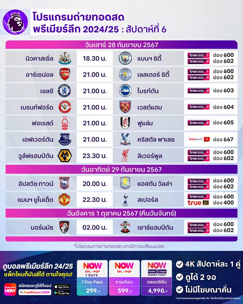 โปรแกรมการแข่งขัน พร้อมช่องถ่ายทอดสด พรีเมียร์ลีก 2024/25 สัปดาห์ที่ 6 โปรแกรมการแข่งขัน พร้อมช่องถ่ายทอดสด พรีเมียร์ลีก 2024/25 สัปดาห์ที่ 6