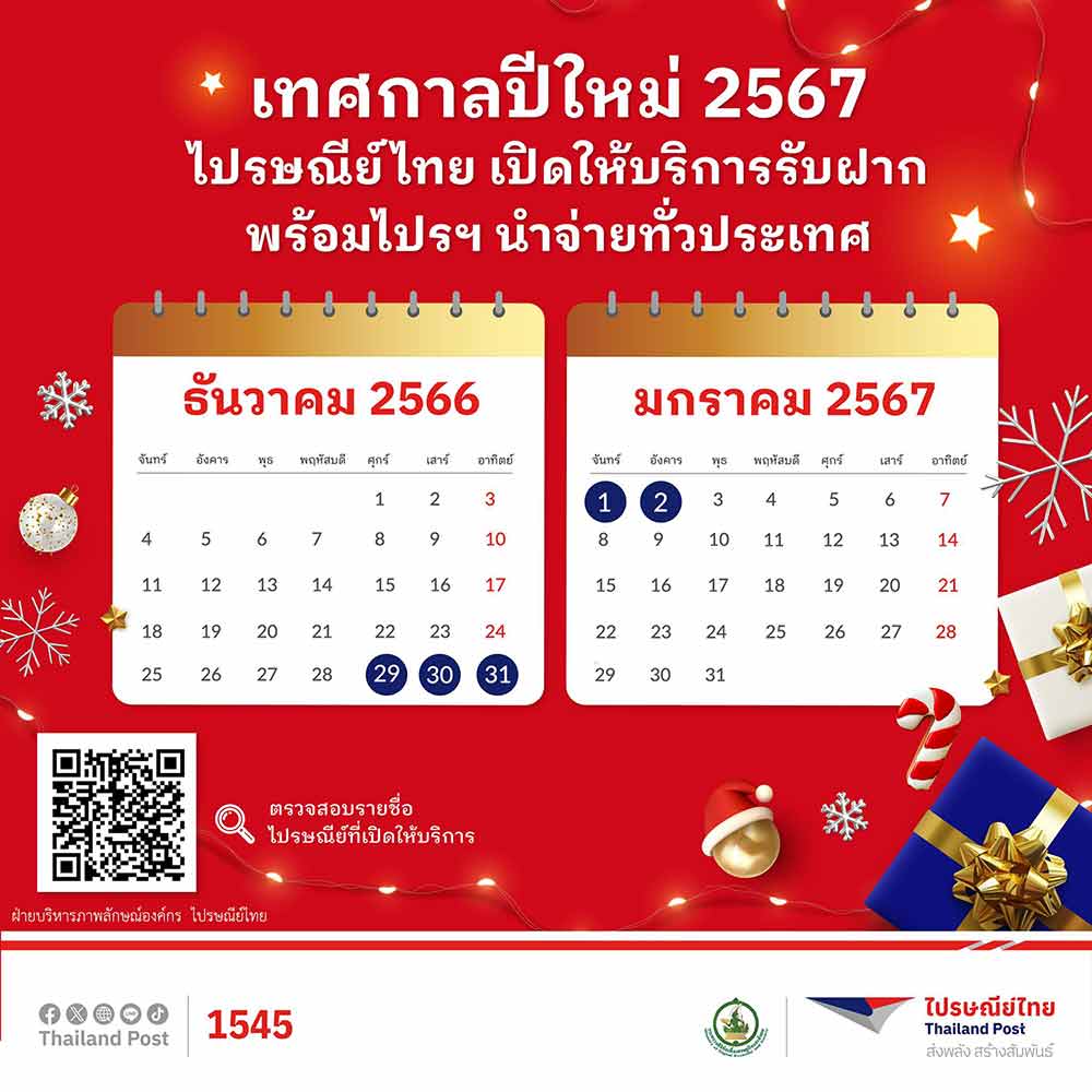 วันหยุดปีใหม่ 2567 รวม 4 วัน เช็กที่นี่ ไปรษณีย์ไทย-บริษัทขนส่งพัสดุ ปิดไหม? วันหยุดปีใหม่ 2567 รวม 4 วัน เช็กที่นี่ ไปรษณีย์ไทย-บริษัทขนส่งพัสดุ ปิดไหม?