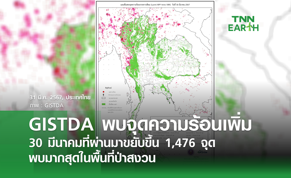 GISTDA พบจุดความร้อนเพิ่ม 30 มีนาคมที่ผ่านมาขยับขึ้น 1,476 จุด พบมากสุดในพื้นที่ป่าสงวน