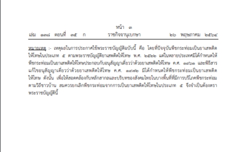ราชกิจจาฯ ประกาศยกเลิก พืชกระท่อม พ้นยาเสพติดให้โทษประเภท 5