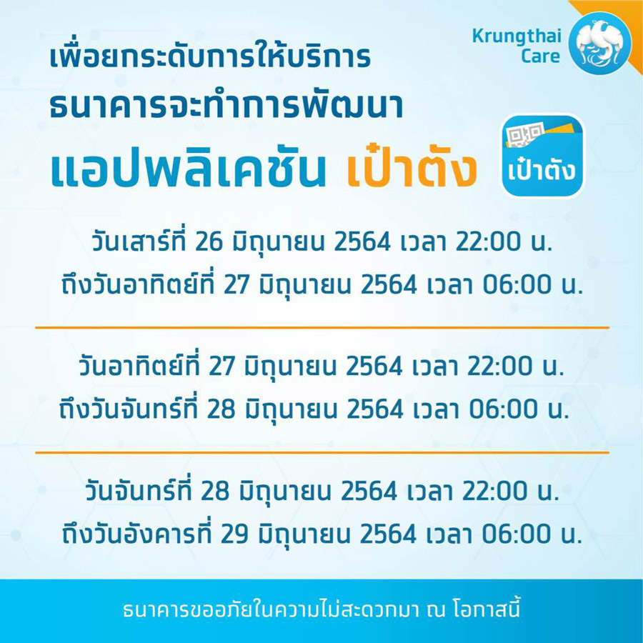ยกระดับบริการ! กรุงไทย แจ้งพัฒนาแอปฯ เป๋าตัง เริ่มคืนนี้ 4 ทุ่ม ยกระดับบริการ! กรุงไทย แจ้งพัฒนาแอปฯ เป๋าตัง เริ่มคืนนี้ 4 ทุ่ม