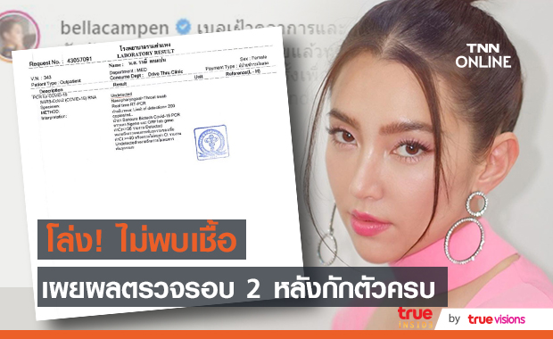 "เบลล่า ราณี" กักตัวครบ 14 วัน ตรวจรอบ 2 ไม่พบเชื้อโควิด-19 