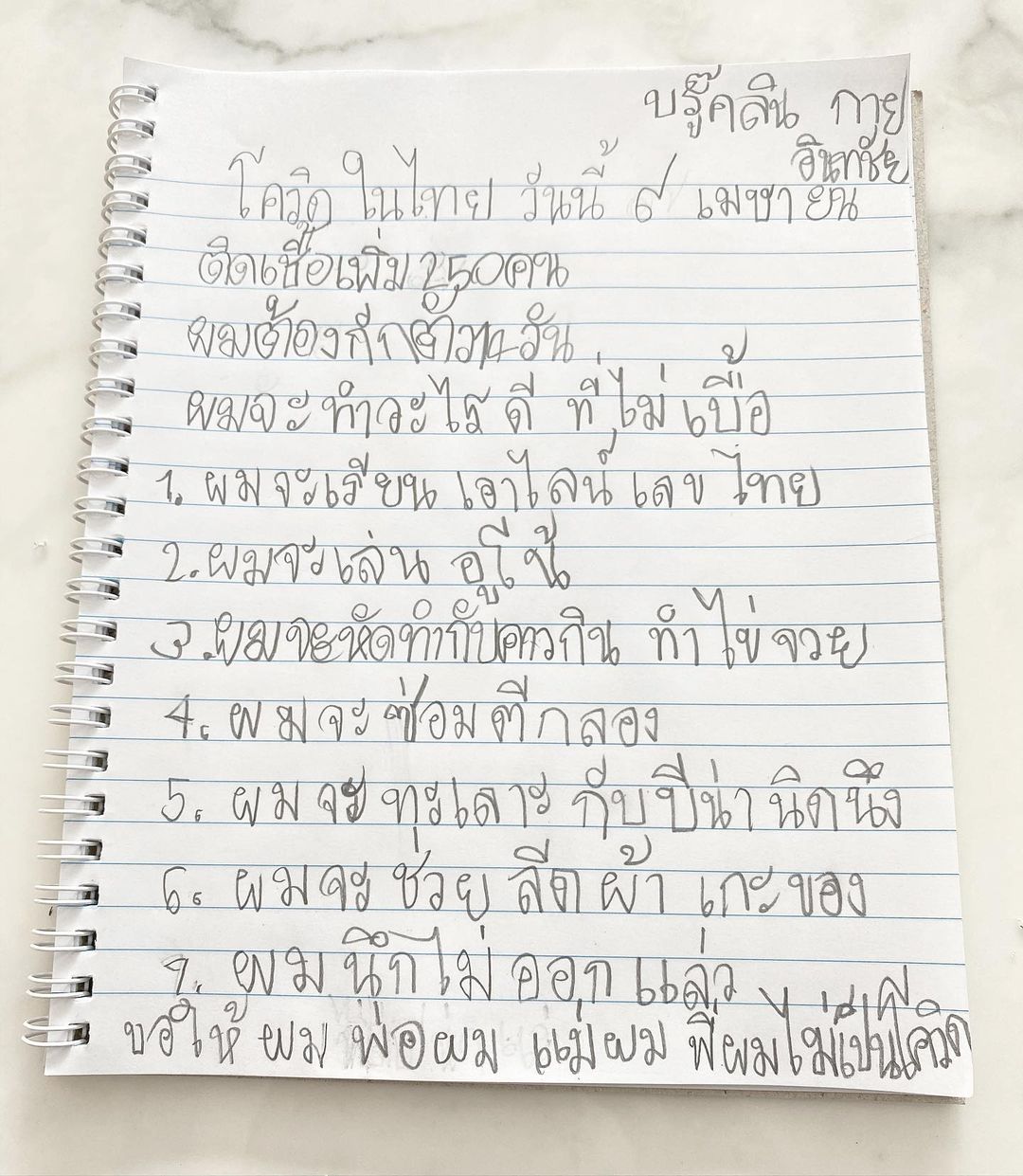 ขอให้พ่อหนูไม่เป็นโควิด! น้องบีน่า เขียนบันทึก ก่อนทราบผลตรวจ พ่อเวย์ ติดโควิด