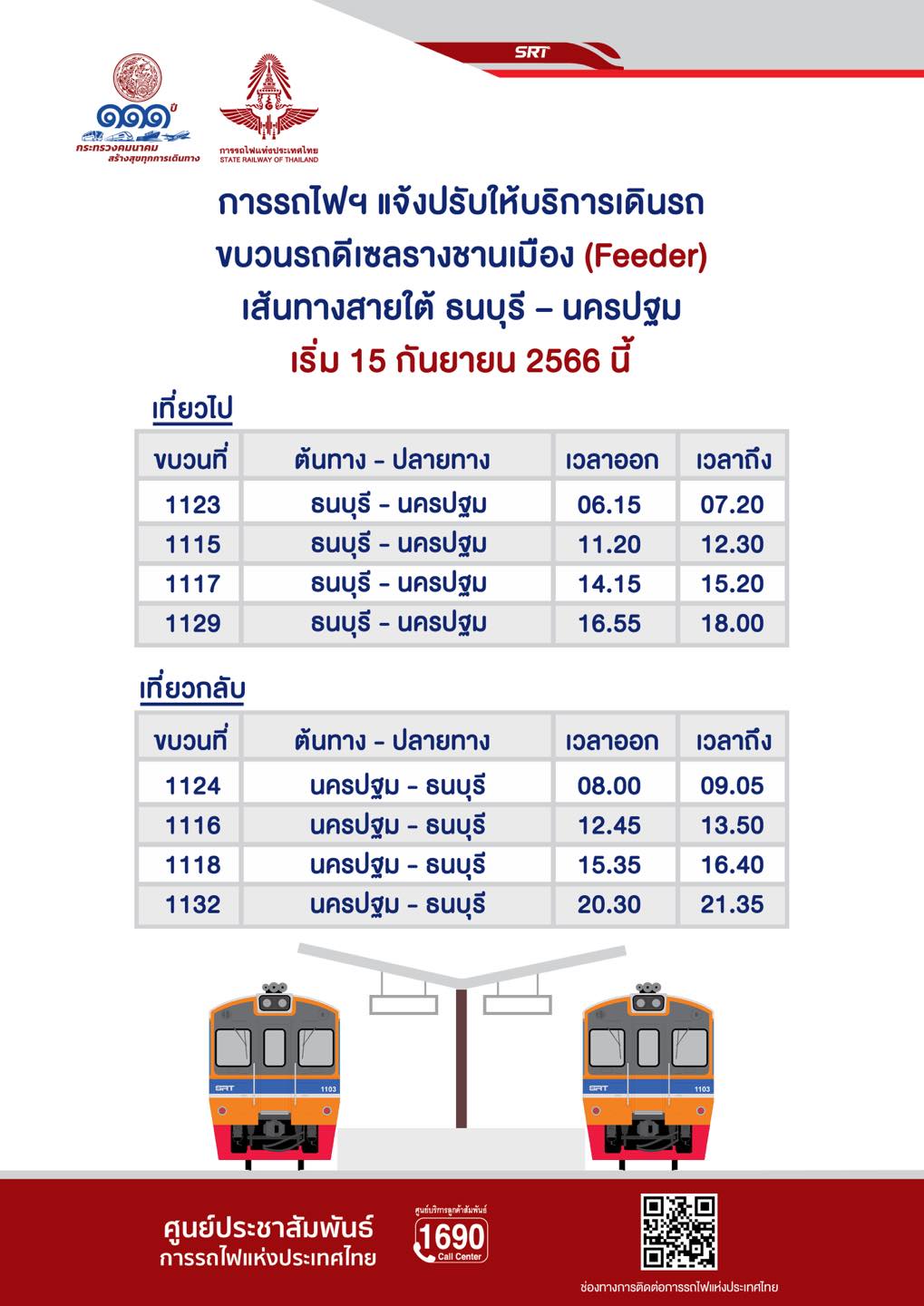 ดีเดย์ 15 ก.ย.นี้ ปรับขบวนรถเส้นทางสายใต้ธนบุรี–นครปฐม 
