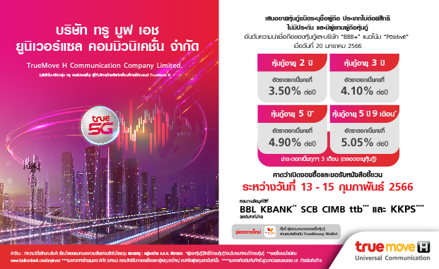 กลุ่มทรู เตรียมออกหุ้นกู้ TUC 4 ชุดใหม่ อัตราดอกเบี้ย 3.50-5.05%ต่อปี กลุ่มทรู เตรียมออกหุ้นกู้ TUC 4 ชุดใหม่ อัตราดอกเบี้ย 3.50-5.05%ต่อปี