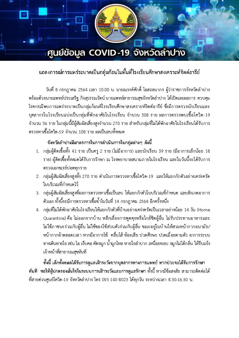 รร.ในจ.ลำปางอ่วม!เกิดคลัสเตอร์เด็กนร.ติดโควิดเกือบครึ่งร้อย รร.ในจ.ลำปางอ่วม!เกิดคลัสเตอร์เด็กนร.ติดโควิดเกือบครึ่งร้อย