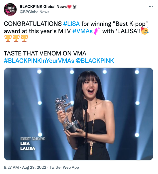 ‘ลิซ่า’ คว้ารางวัล Best K-Pop!! BLACKPINK สร้างประวัติศาสตร์ไม่หยุดที่งาน MTV VMAs ‘ลิซ่า’ คว้ารางวัล Best K-Pop!! BLACKPINK สร้างประวัติศาสตร์ไม่หยุดที่งาน MTV VMAs