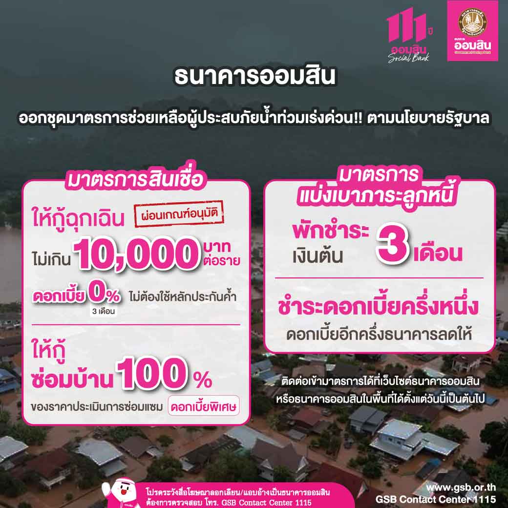 ธนาคารออมสิน ออกมาตรการช่วยน้ำท่วม พักเงินต้น-ลดดอกเบี้ยครึ่งหนึ่ง-กู้ฉุกเฉิน