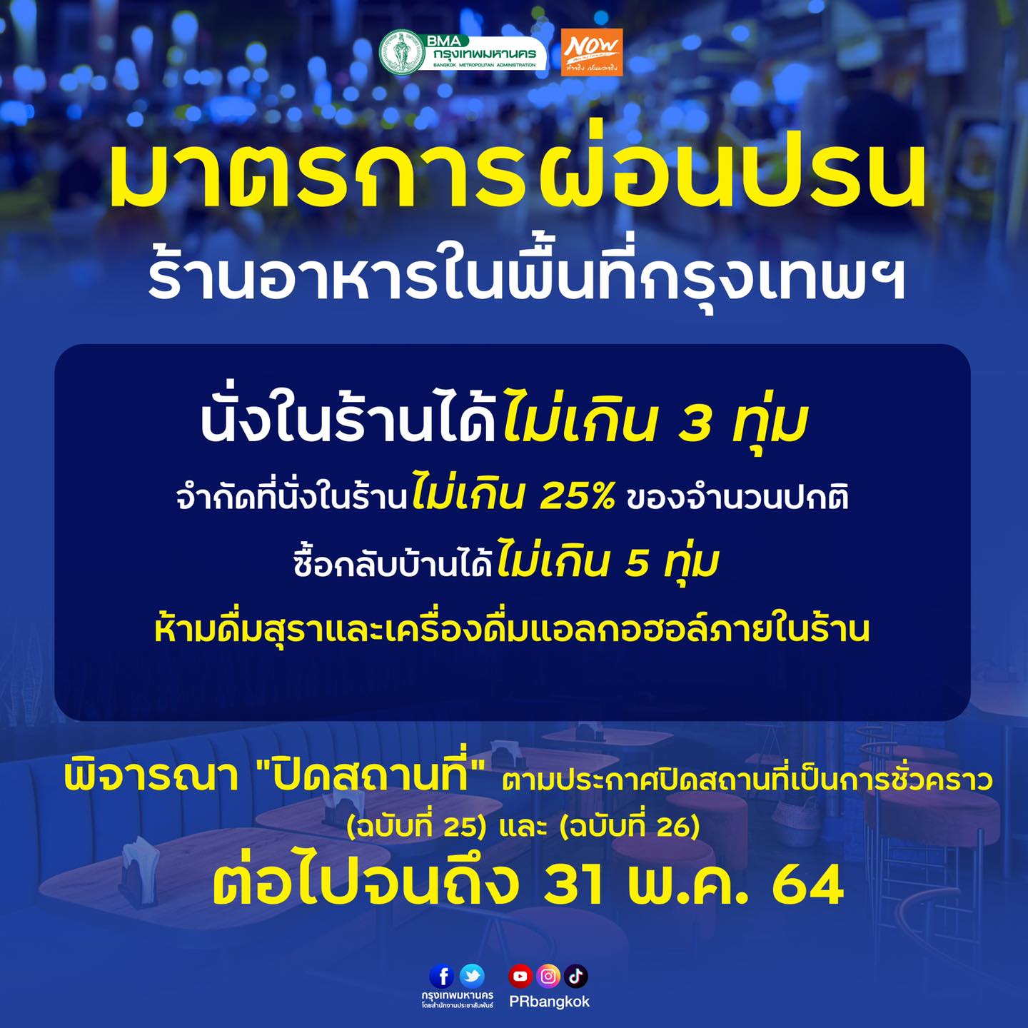 กทม.สั่งขยายเวลาปิดสถานที่ คุม COVID-19 ถึง 31 พ.ค.นี้