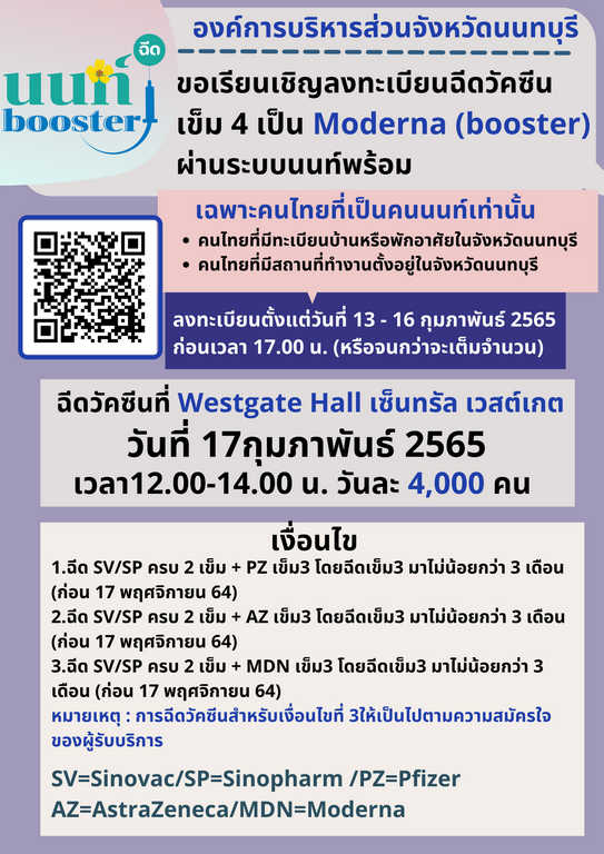 นนทบุรี เปิดลงทะเบียนฉีดวัคซีนกระตุ้นเข็ม 4 “โมเดอร์นา-ไฟเซอร์” นนทบุรี เปิดลงทะเบียนฉีดวัคซีนกระตุ้นเข็ม 4 “โมเดอร์นา-ไฟเซอร์”